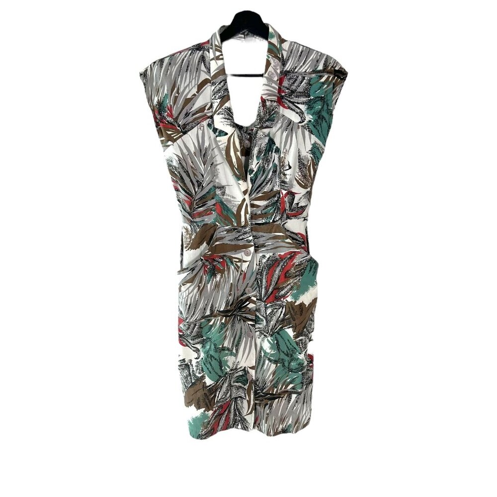 Vintage 90s Multicolor Jungle Print Button Up Knee Length Dress Medium